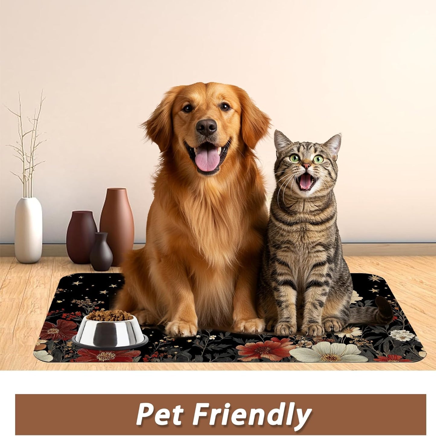 Moon Butterfly Pet Feeding Mat,Vintage Garden Luxury Absorbent Quick-Dry Cat Dog Food and Water Bowl Mats,Non-Slip Rubber Backing Mat,Cat Dog Accessories Supplies 12"x20"