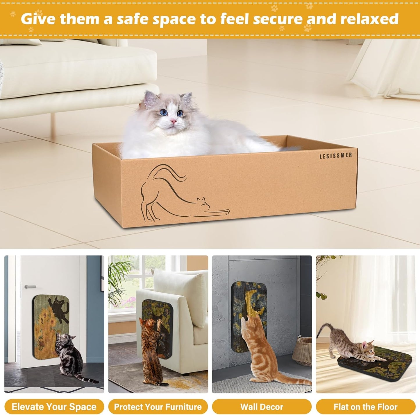 Art Cat Scratcher, 3 Packs Wall-Mountable Art Cat Scratching Board with Box, Cat Wall Scratcher, Cat Scratch Pad, Cardboard Cat Scratchers for Indoor Cats Toy Furniture Protector