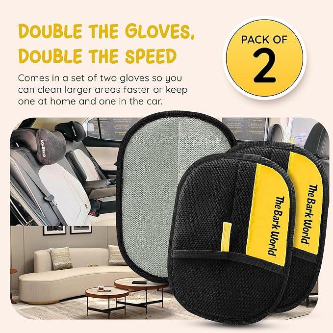 Pet Hair Removal Glove 2-Pack – Reusable Dog & Cat Fur Remover Mitts – Electrostatic Lint Removal Tool for Furniture, Clothing, Carpet & Car Seats