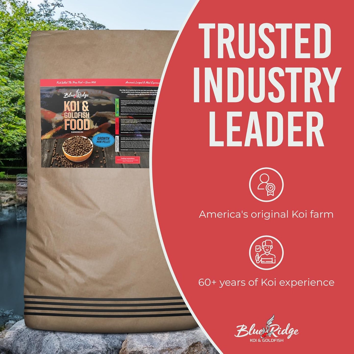 Blue Ridge Koi Fish Food 50lb - Koi Food Mini Growth Formula, Goldfish Food, Premium Fish Food for Ponds, Ponds Fish Food, Floating Pond Pellets