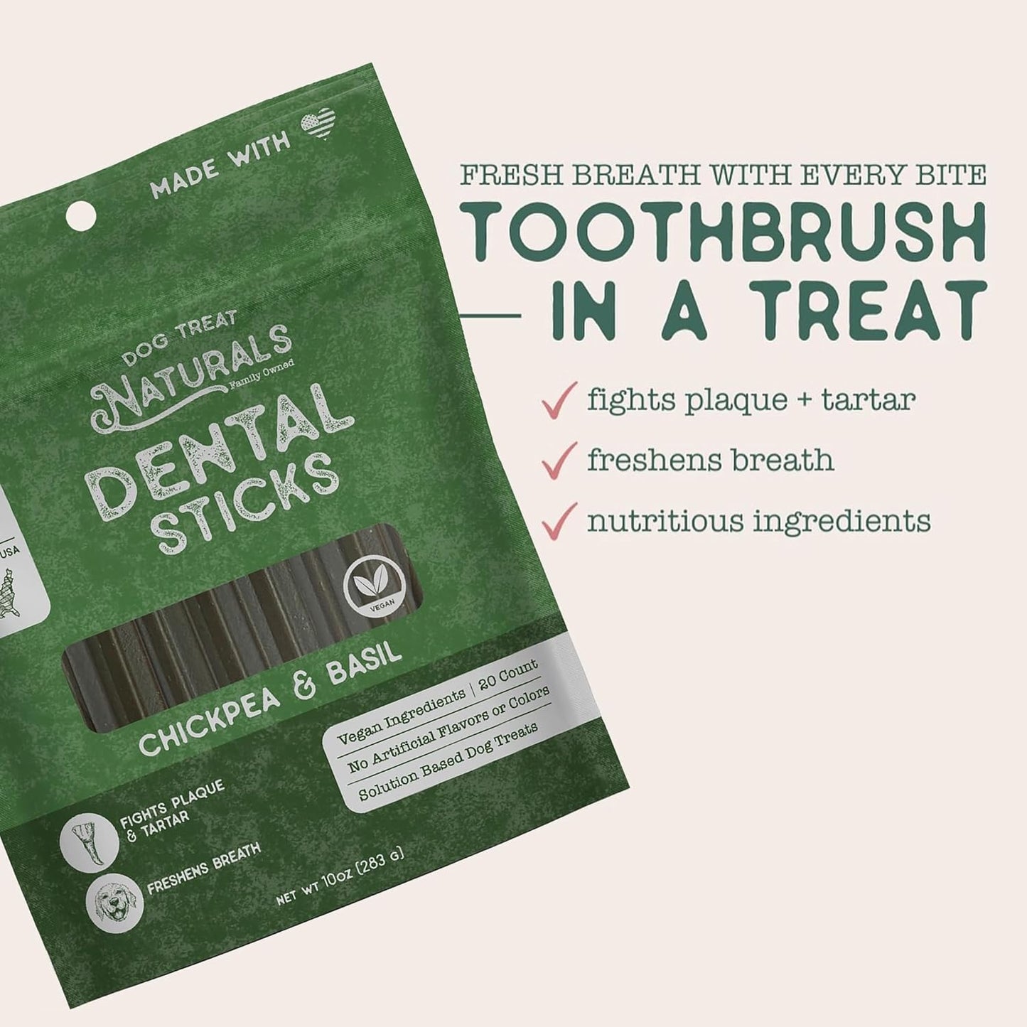 Dog Treat Naturals: Dental Sticks - Chickpea & Basil - 10oz (20ct), Dog Chew Treats, Freshen Breath, Fight Plaque-Tartar, Helps Clean Teeth, USA Made