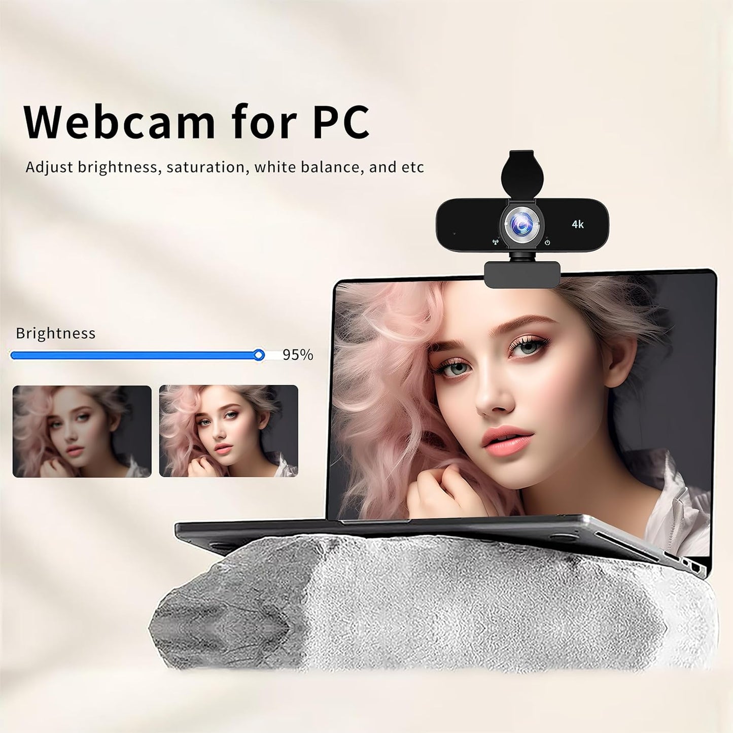 4K Webcam Camera for Computer, External Camera with Microphone, USB Plug&Play, Auto Low Light Correction, Privacy Cover, Tripod, Wide Angle for Meeting/Online Video/Zoom