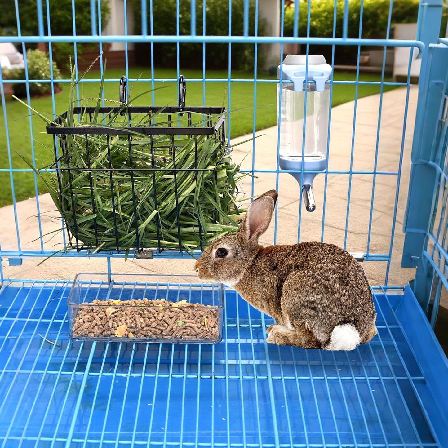SANGLE SOPFFY Rabbit hay Feeder Small Animal Feeding Set with 350ml Water Bottle, Hay Rack, Pellet Dish for Guinea Pigs, Chinchillas, Bunny- Multifunctional Pellet Food Bowl Dispenser