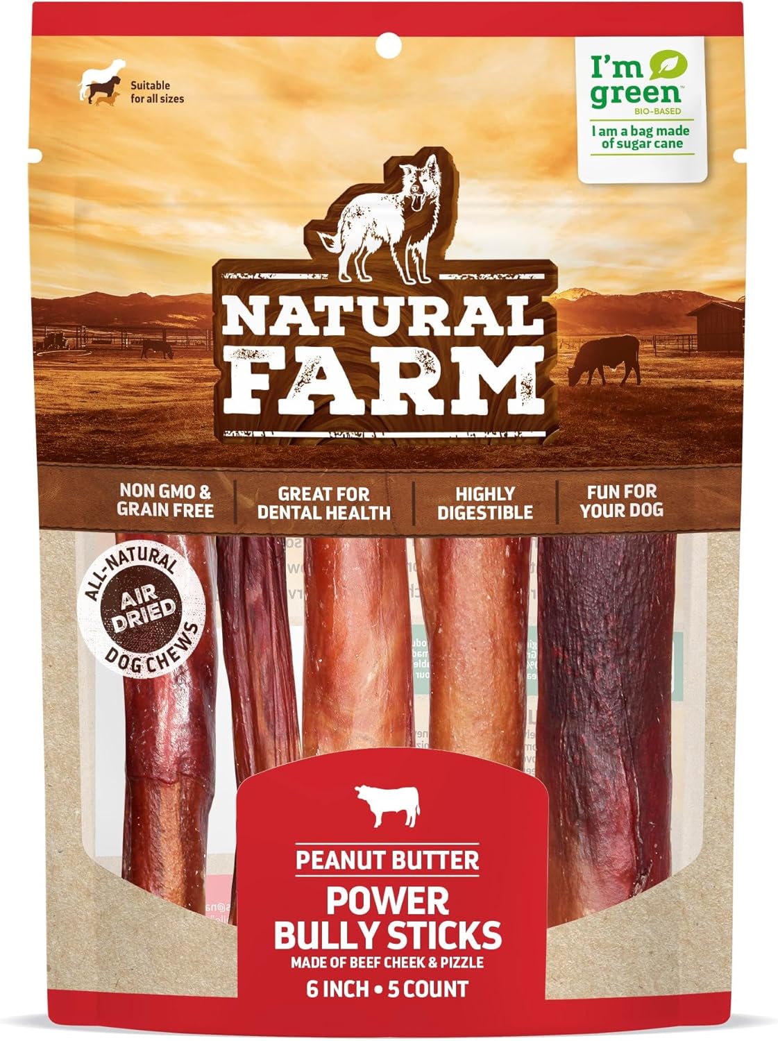 Natural Farm Power Bully Sticks Peanut Flavor Dog Chews (6”, 5-Pack), 2-in-1 Power Chews: Premium Beef Cheek Wrapped in Beef Pizzle with Enticing Peanut Butter Flavor, Double Chewing Time