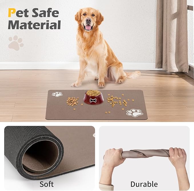 Pet Feeding Mat-Absorbent Dog Mat for Food and Water Bowl-Accessories Pet Supplies-Bowl for Messy Drinkers-No Stains Quick Dry Dog Water Dispenser Mat (17"x28", Brown)