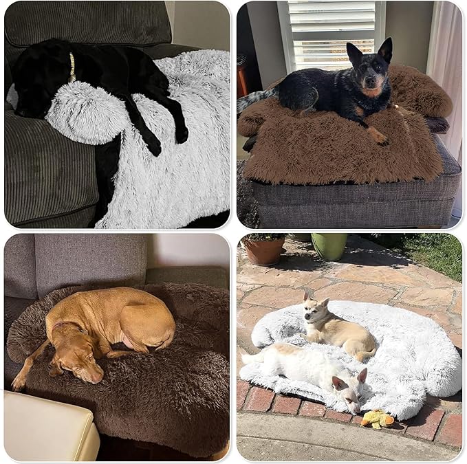 GGIB Calming Dog Bed Fluffy Plush Dog Mat for Furniture Protector with Removable Washable Cover for Large Medium Small Dogs and Cats (Large, Coffee)