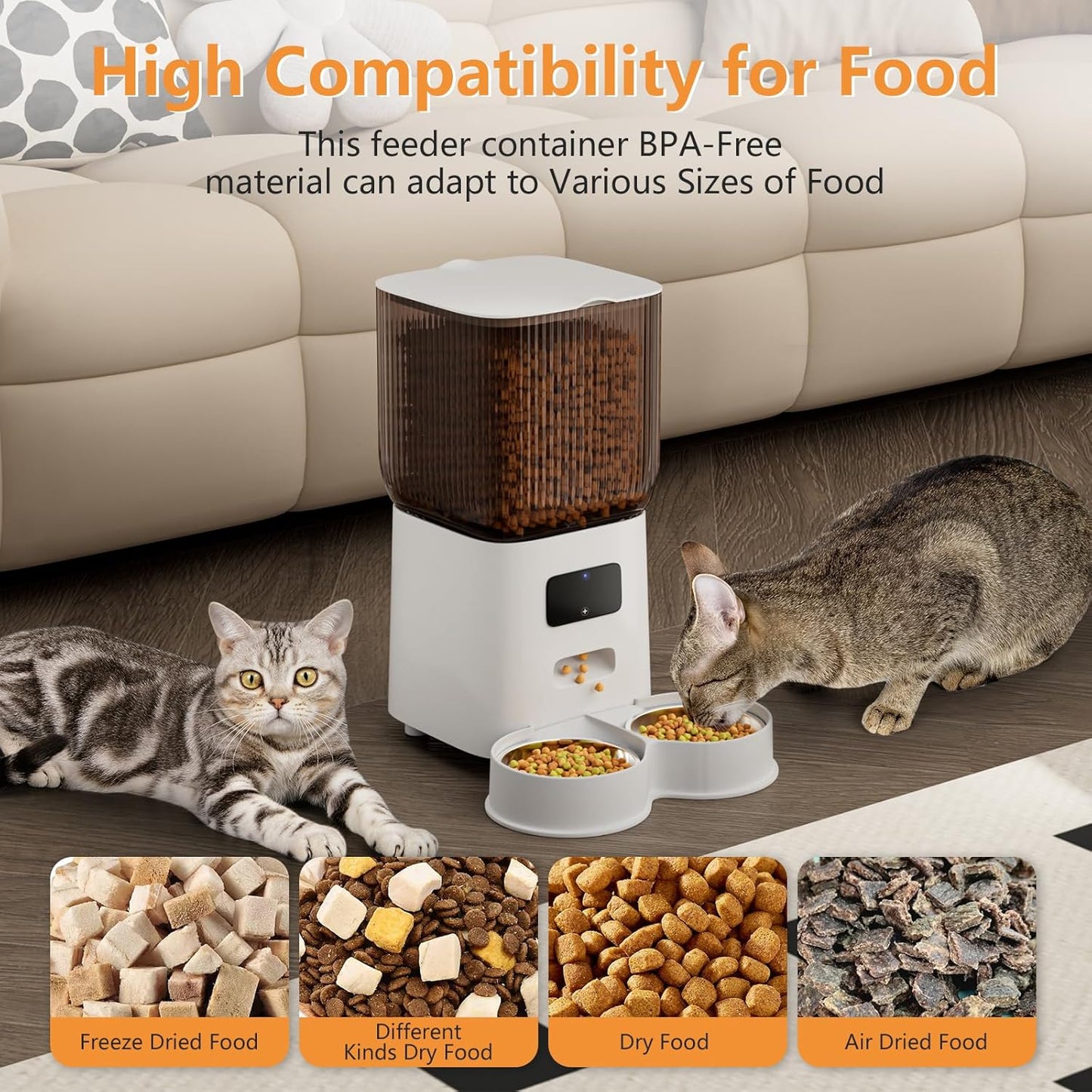 Automatic Cat Feeder for 2 Cats, APP Control 5L Timed Dual Dog Food Dispenser with Dual Power Supply Programmable 1-15 Meals Control with Auto Pet Feeder for Cats and Dogs (WiFi)
