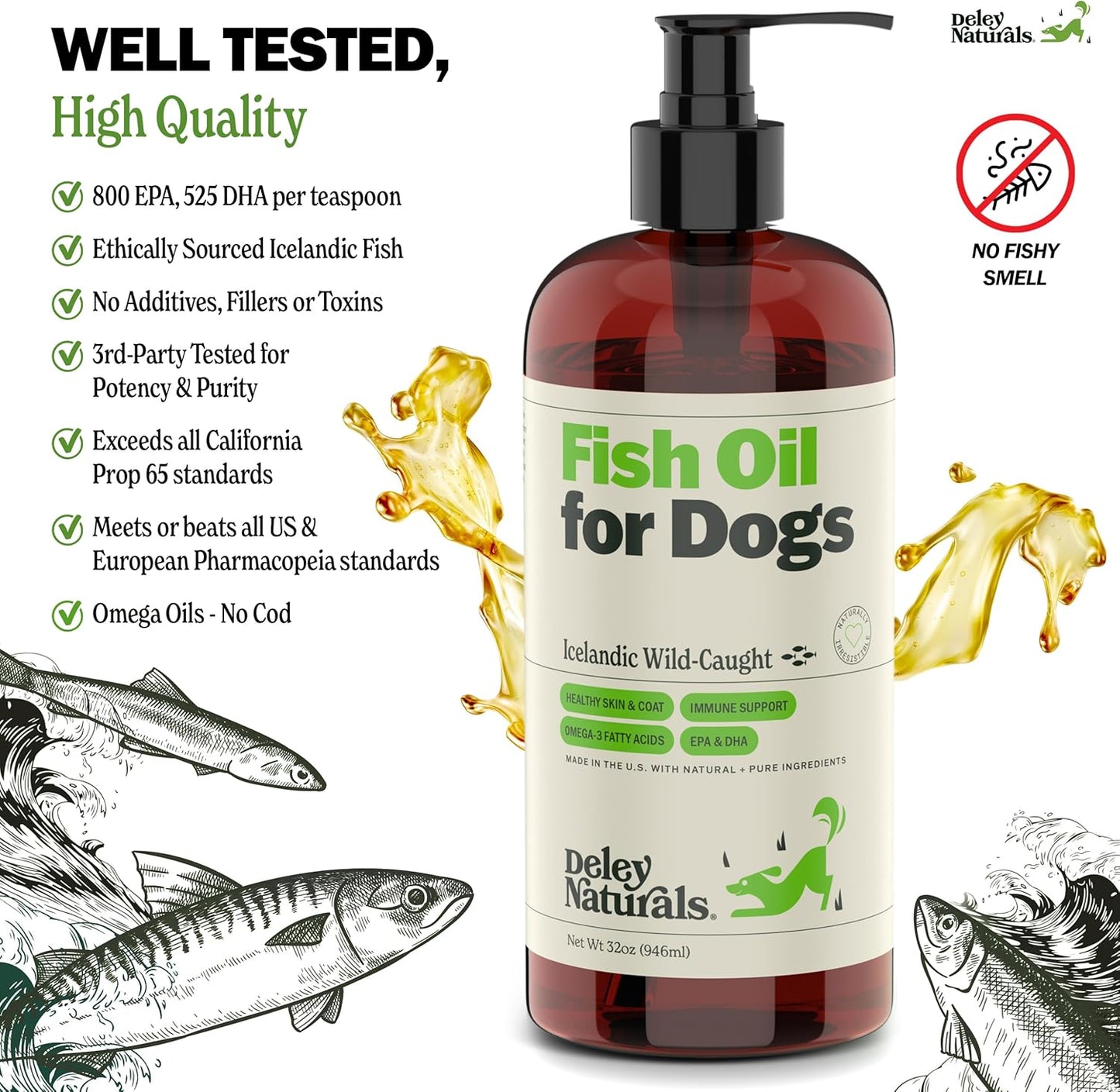 Deley Naturals Dog Fish Oil Icelandic 2X Omega - Dog Itching Skin Relief with Omega 3 6 9 for Allergies, Coat & Heart - Omega 3 Fish Oil for Dogs Skin Irritation - 32oz Omega Oil for Dogs Made in USA