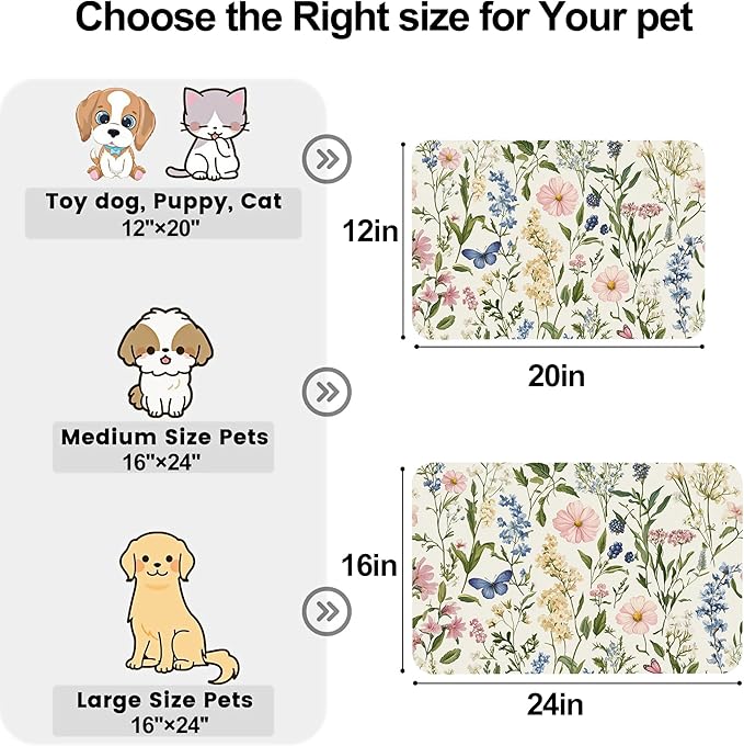 Vintage Herbs Flowers Pet Cat Dog Food Mat-Absorbent Quick Dry Feeding Placemat for Water and Food, No Stains Rubber Base Mat for Indoor Use, Pet Accessories 16"x24"