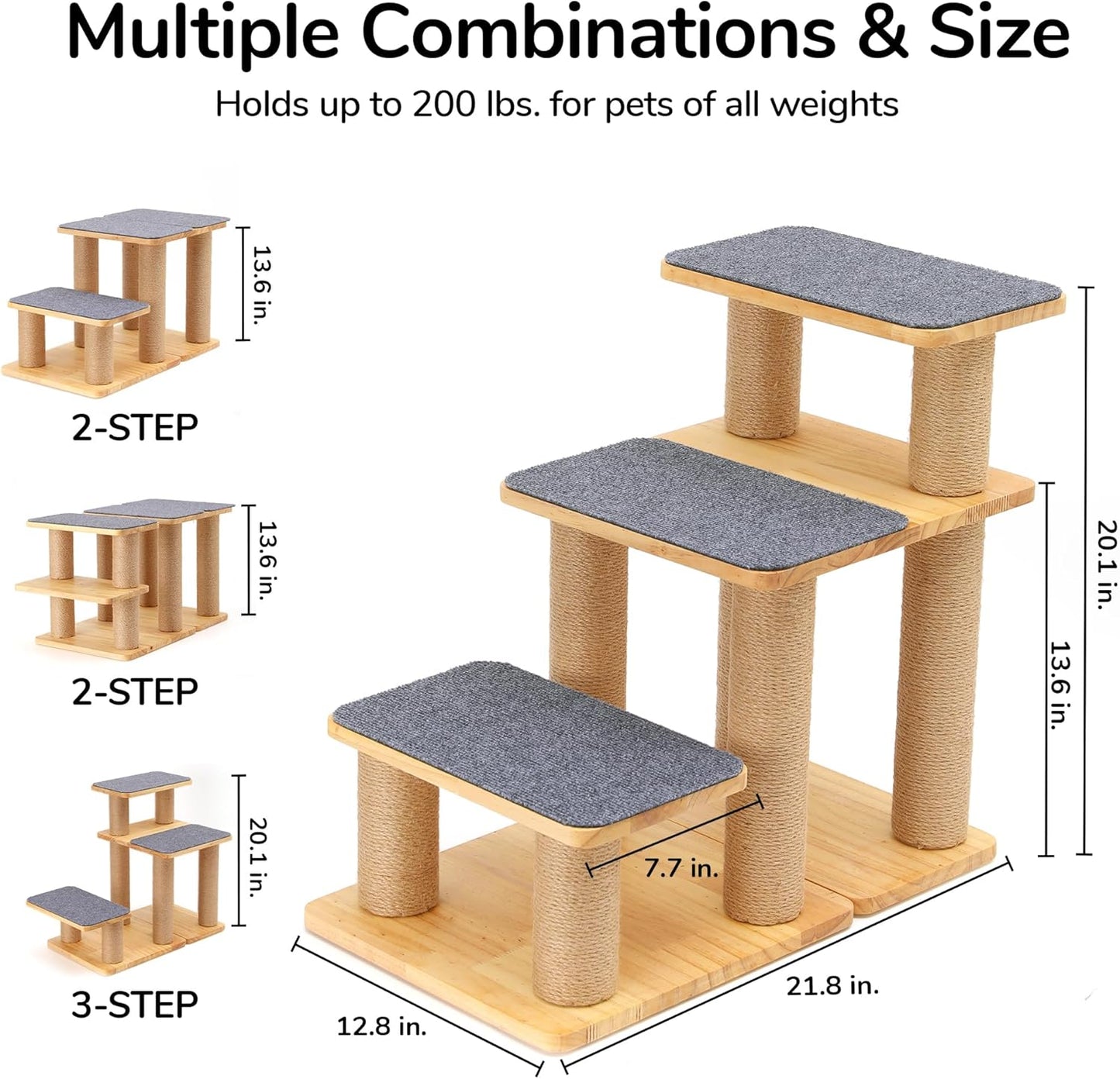 FUKUMARU Dog Stairs, Solid Wood Pet Stairs with Cat Scratching Post, Transformable Cat Ramp Can Hold Up to 200 lbs, 20 Inch Pet Steps for Dogs and Cats to Climb High Bed and Couch, Over 6 Combinations