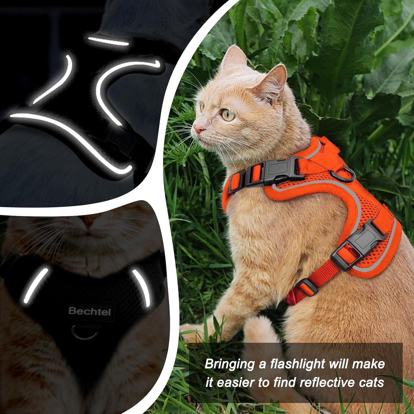 Cat Harness and Leash for Walking, 3 in 1 Adjustable Breathable Soft, Easy to Control Reflective Cat Harness Escape Proof, Cat Products, Orange, M