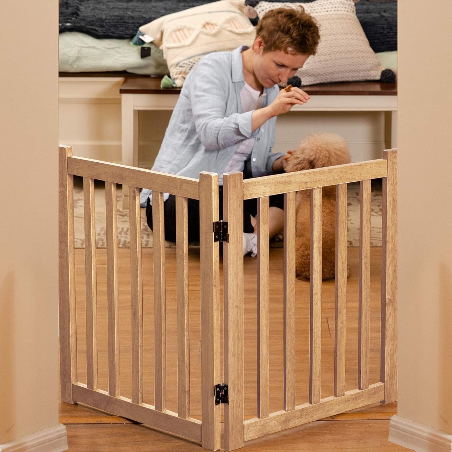 LZRS 2-Panel Wooden Free Standing Foldable Dog Gate Indoor – Solid Hardwood 24" High, Step-Over Safety Pet Gate for Doorways, Stairs & Small Spaces - Indoor Use, Natural