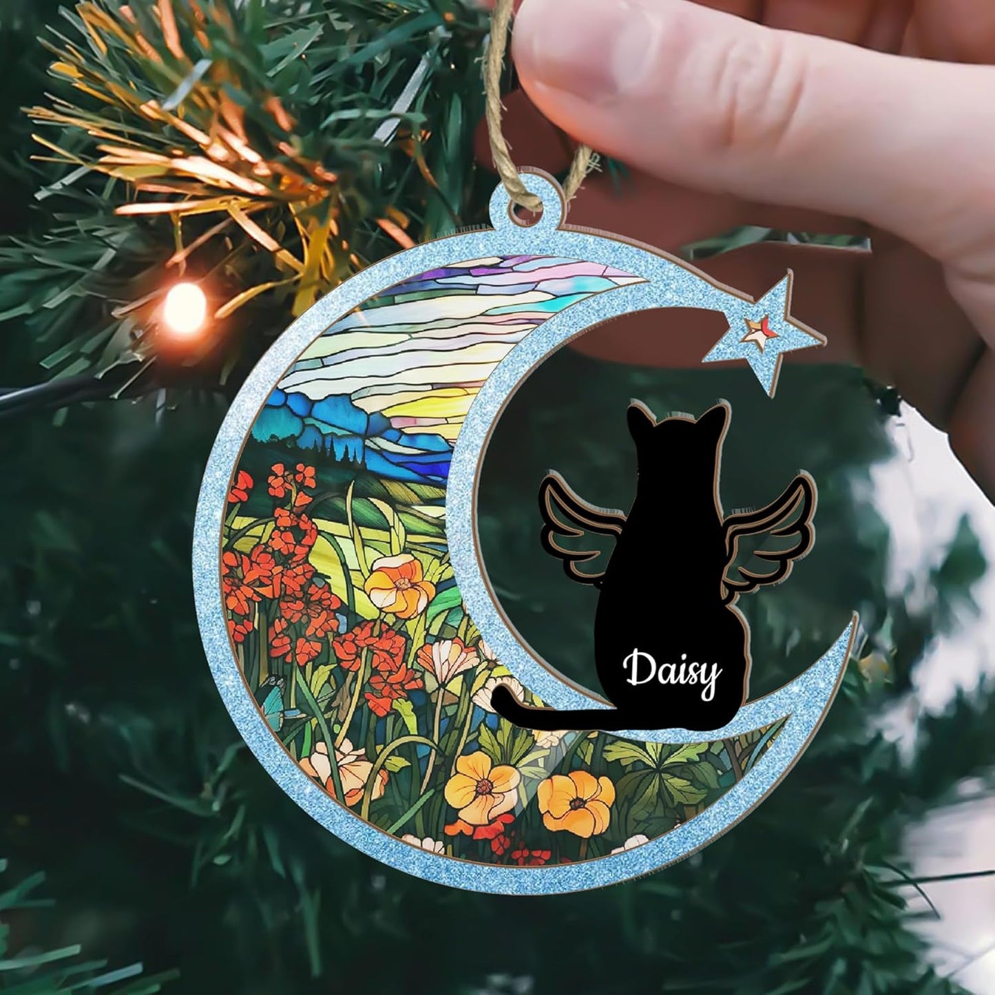 Personalized Cat Memorial Suncatcher – Crescent Moon Pet Loss Ornament with Mountains, Flowers & Angel Wings – Custom Cat Bereavement Gift for Window, or Car Mirror Display – Rainbow Bridge Keepsake