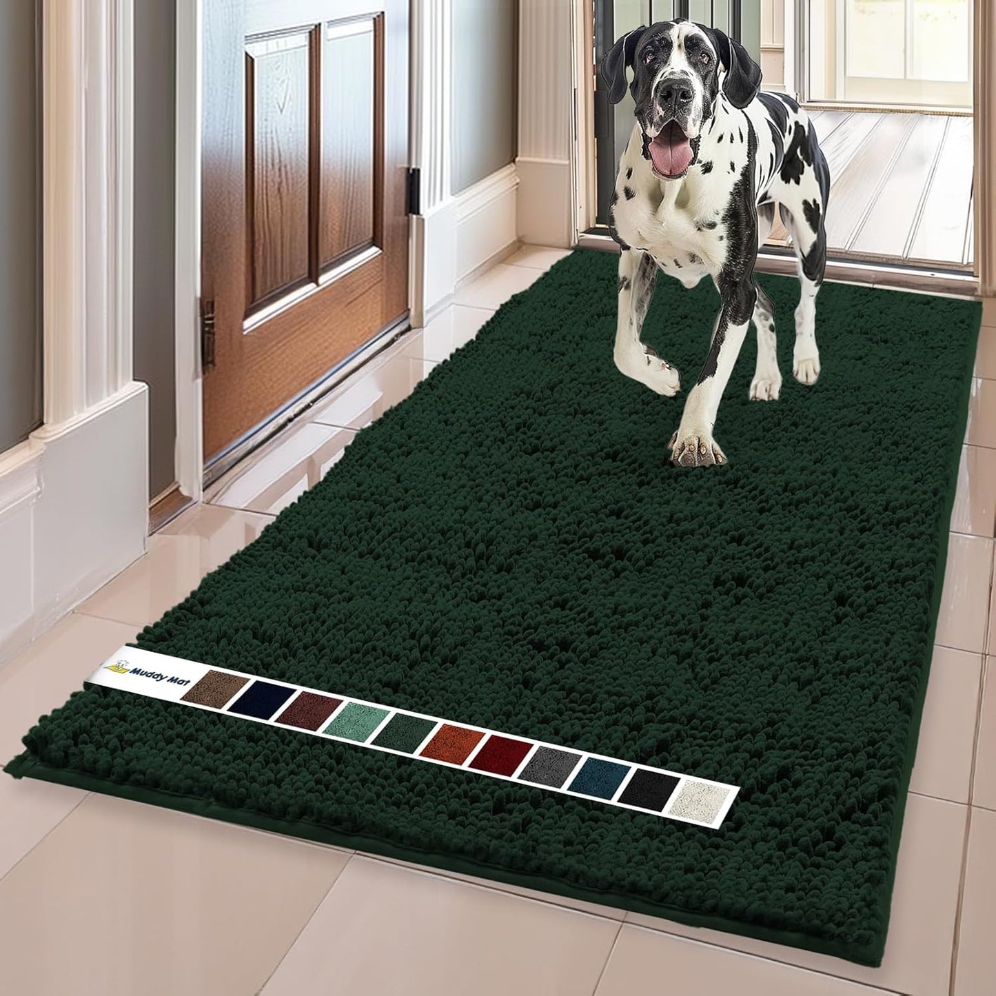 Muddy Mat® AS-SEEN-ON-TV Highly Absorbent Microfiber Dog Door Mat and Pet Rug, Non Slip Thick Washable Area and Bath Mat Soft Chenille for Kitchen Bathroom Bedroom and Indoor - Dark Green XL 59"X35"