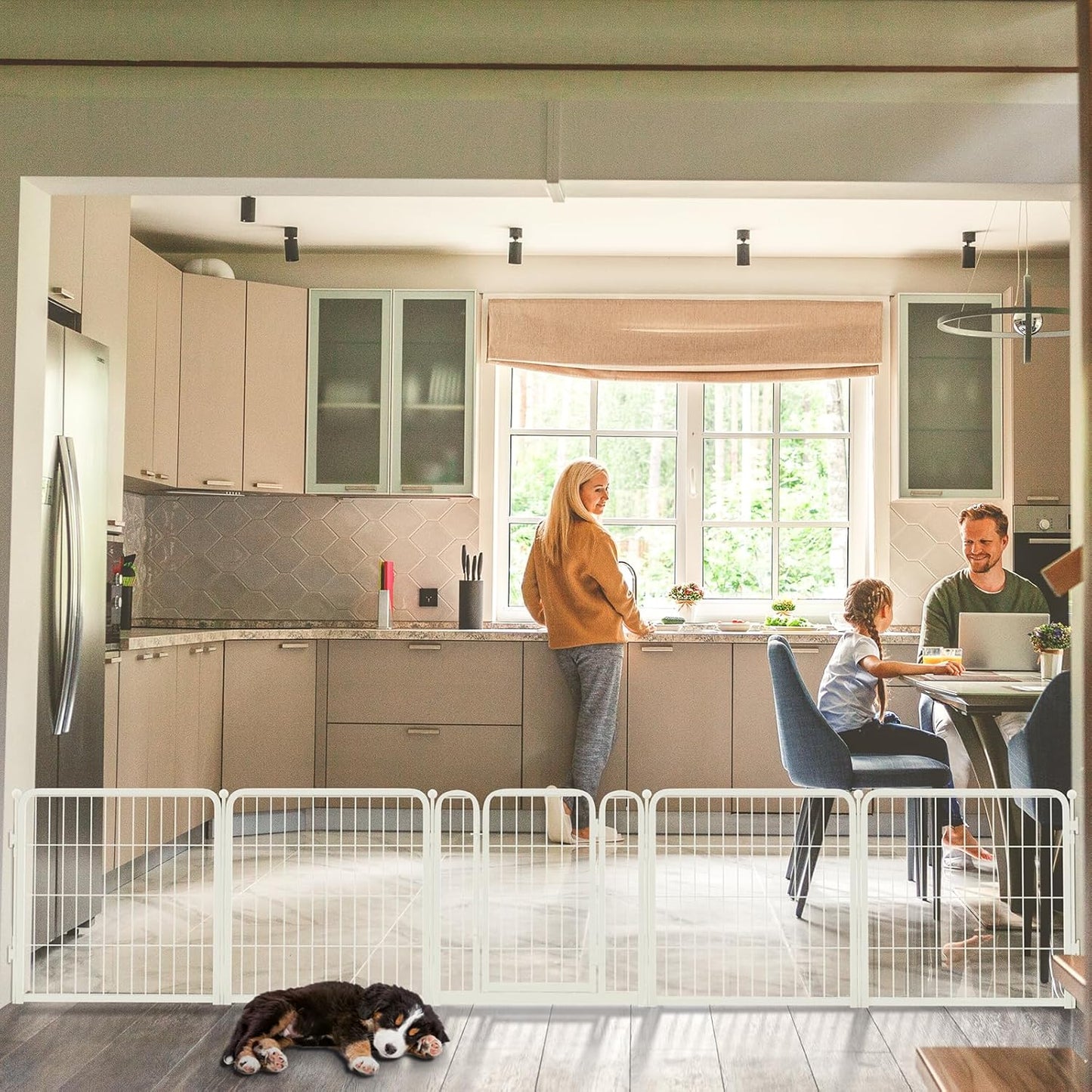 FXW Dog Gate Extra Wide Designed for Indoor Use, Adjustable Width Up to 183-inch Wide (24" H 8 Wire Panels for Puppies and Small Dogs), White