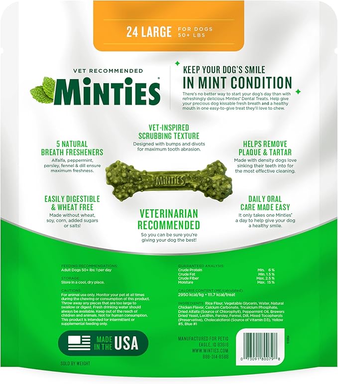 Minties Dental Chews for Dogs, 24 Count, Vet-Recommended Mint-Flavored Treats for Large Dogs Over 50 lbs, Dental Bones Clean Teeth, Fight Bad Breath, and Removes Plaque and Tartar