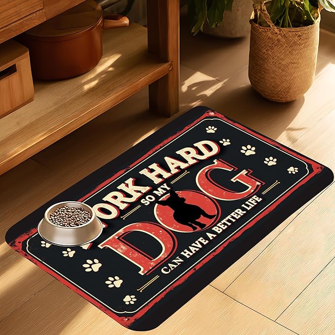 Work Hard Dog Pet Feeding Mat for Floors-Absorbent Dog Bowl Mat for Food and Water, Quick Dry Pet Cat Feeding Mats with Non Slip Bottom, Mess-Free Dog Accessories 16"x24"