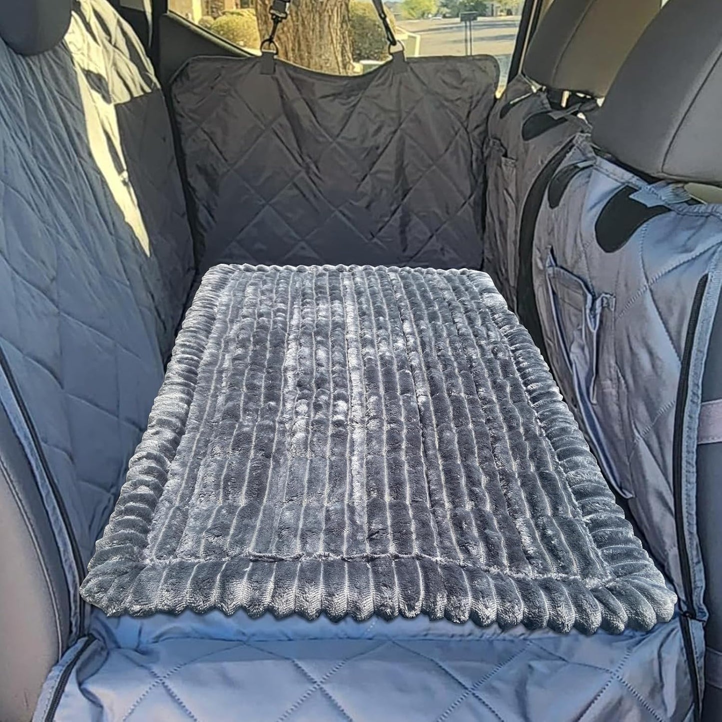 Dog Bed Mat for Car Backseat Extender, Non-Slip Pet Bed Mat for Car Back Seat Protector Cover, Furry Dog Couch Cover, Washable Travel Dogs Bed for Cars, SUVs, Sedans. (51" x 24") (Dark Grey, M)