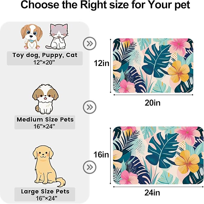 Tropical Leaves Flowers Pet Feeding Mat for Floors-Absorbent Dog Bowl Mat for Food and Water, Quick Dry Pet Cat Feeding Mats with Non Slip Bottom, Mess-Free Dog Accessories 16"x24"