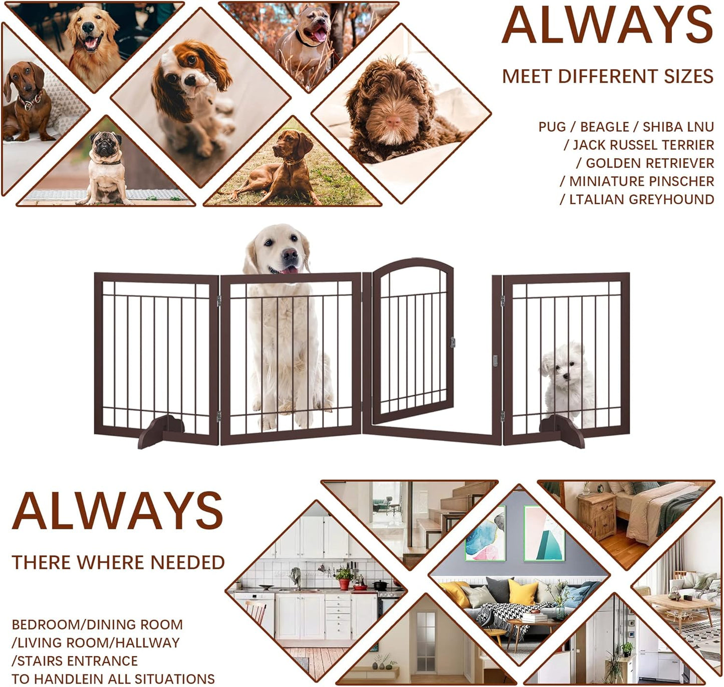 JSB 96-inch Extra Wide 30-inch Tall Dog gate with Door Walk Through, Freestanding Pet Gate for Halls, Stairs & Home, Pet Puppy Safety Dog Fence with 2PCS Support Feet (Espresso)