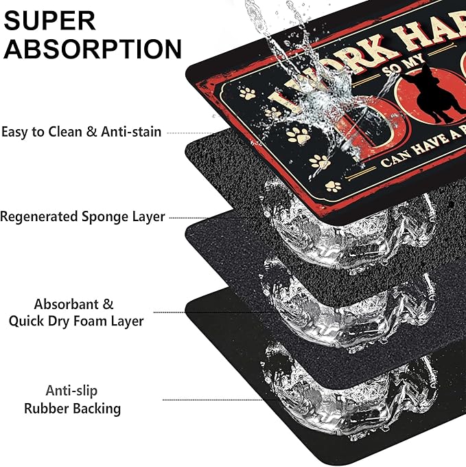 Work Hard Dog Pet Feeding Mat for Floors-Absorbent Dog Bowl Mat for Food and Water, Quick Dry Pet Cat Feeding Mats with Non Slip Bottom, Mess-Free Dog Accessories 12"x20"