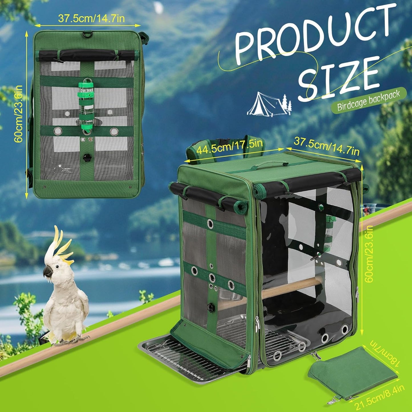 Suertree Bird Carrier Travel Cage, Cockatoo Carrier, Parrot Travel Backpack with Unbreakable Stainless Steel Mesh, Perch, Water Bottle and Food Bowl, X-Large Green