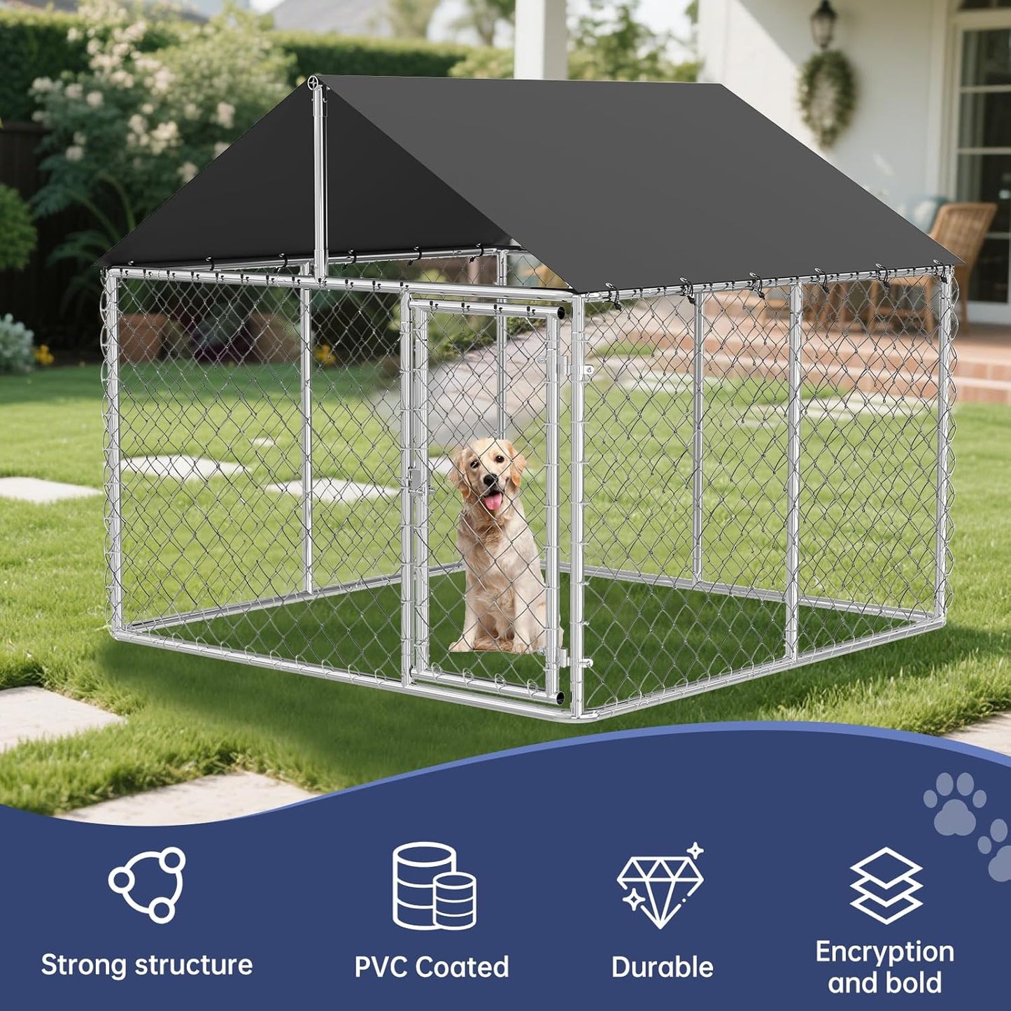 Outdoor Dog Enclosure Heavy Duty Dog Kennel House Mesh Dog Big Cage Pet Kennel Steel Fence with Secure Lock (79”x 79”)