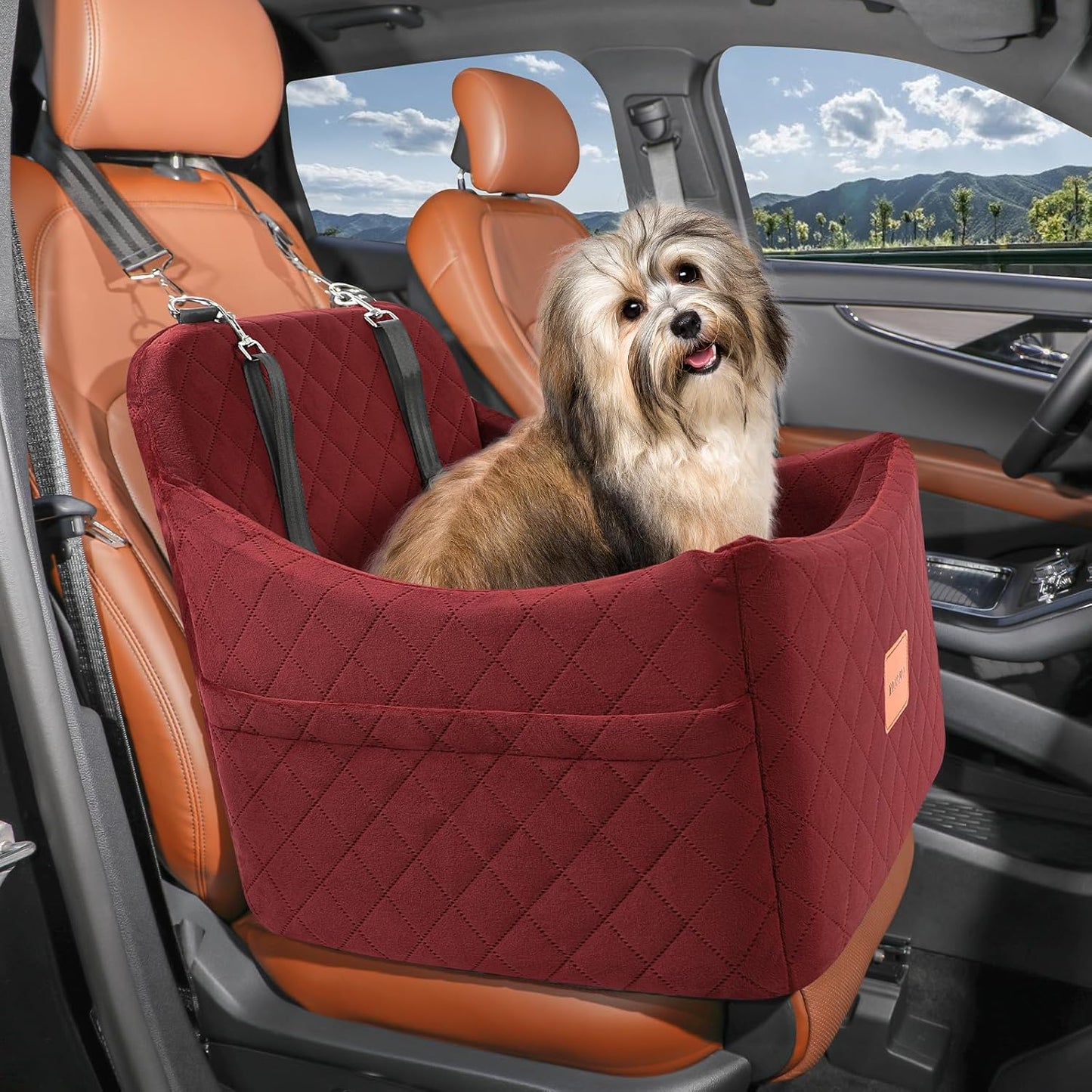 Dog Booster Car Seat for Dogs up to 35lbs, Safety Pet Car Seats with Anti-Slip Bottom, Travel Booster Dog Bed with 2 Storage Pockets (Wine Red, Medium)