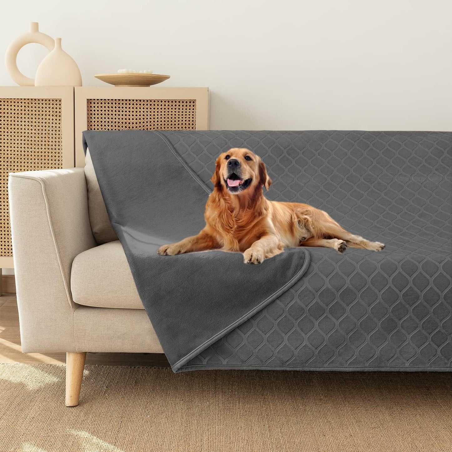 fuguitex Waterproof Dog Blanket Bed Cover Dog Crystal Velvet Moroccan Fuzzy Cozy Plush Pet Blanket Throw Blanket for Couch Sofa(82 * 82 inch, Dark Grey+Grey)