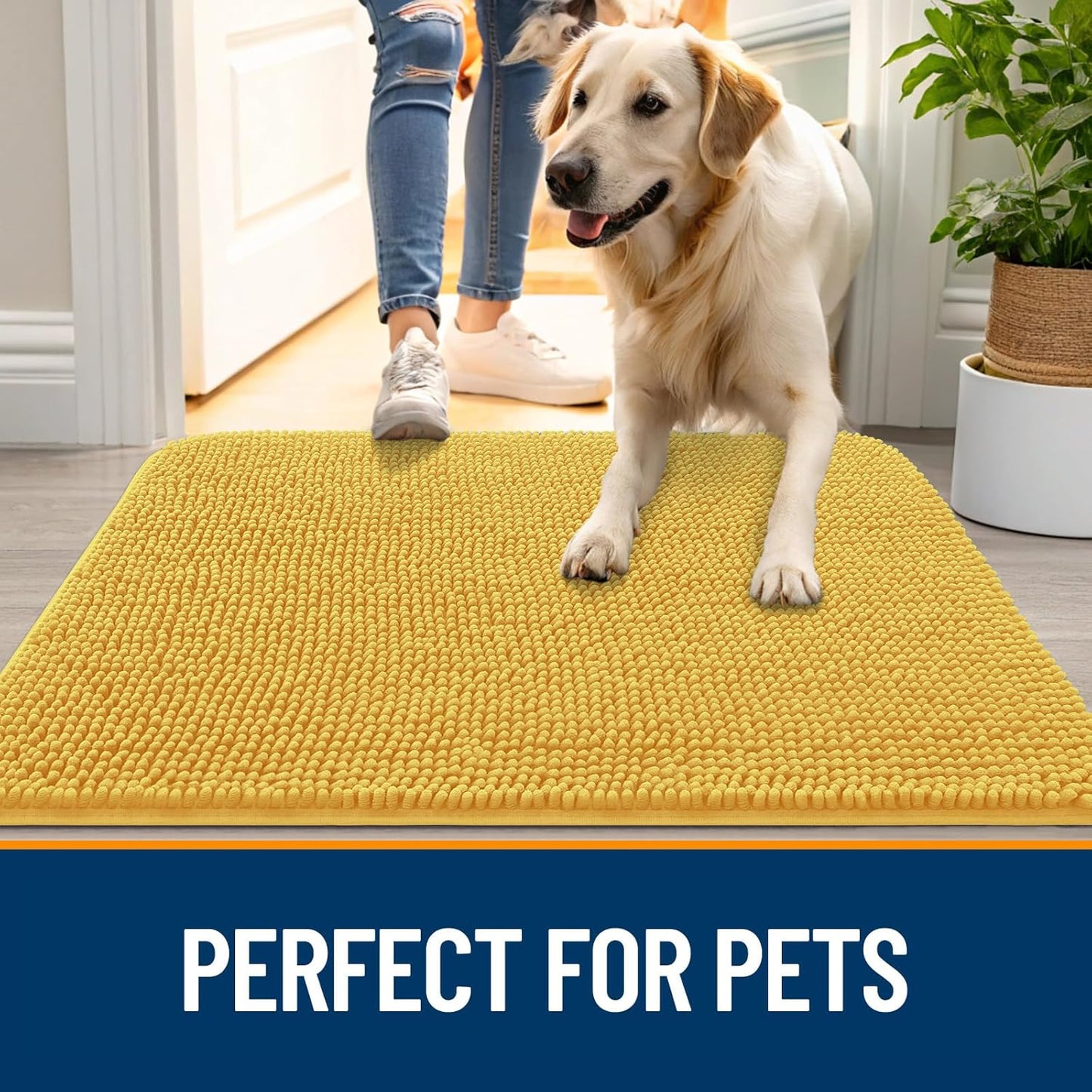 OLANLY Dog Door Mat for Muddy Paws 70x24, Absorbs Moisture and Dirt, Absorbent Non-Slip Washable Doormat, Quick Dry Chenille Mud Mat for Dogs, Entry Indoor Entryway Carpet for Inside Floor, Yellow