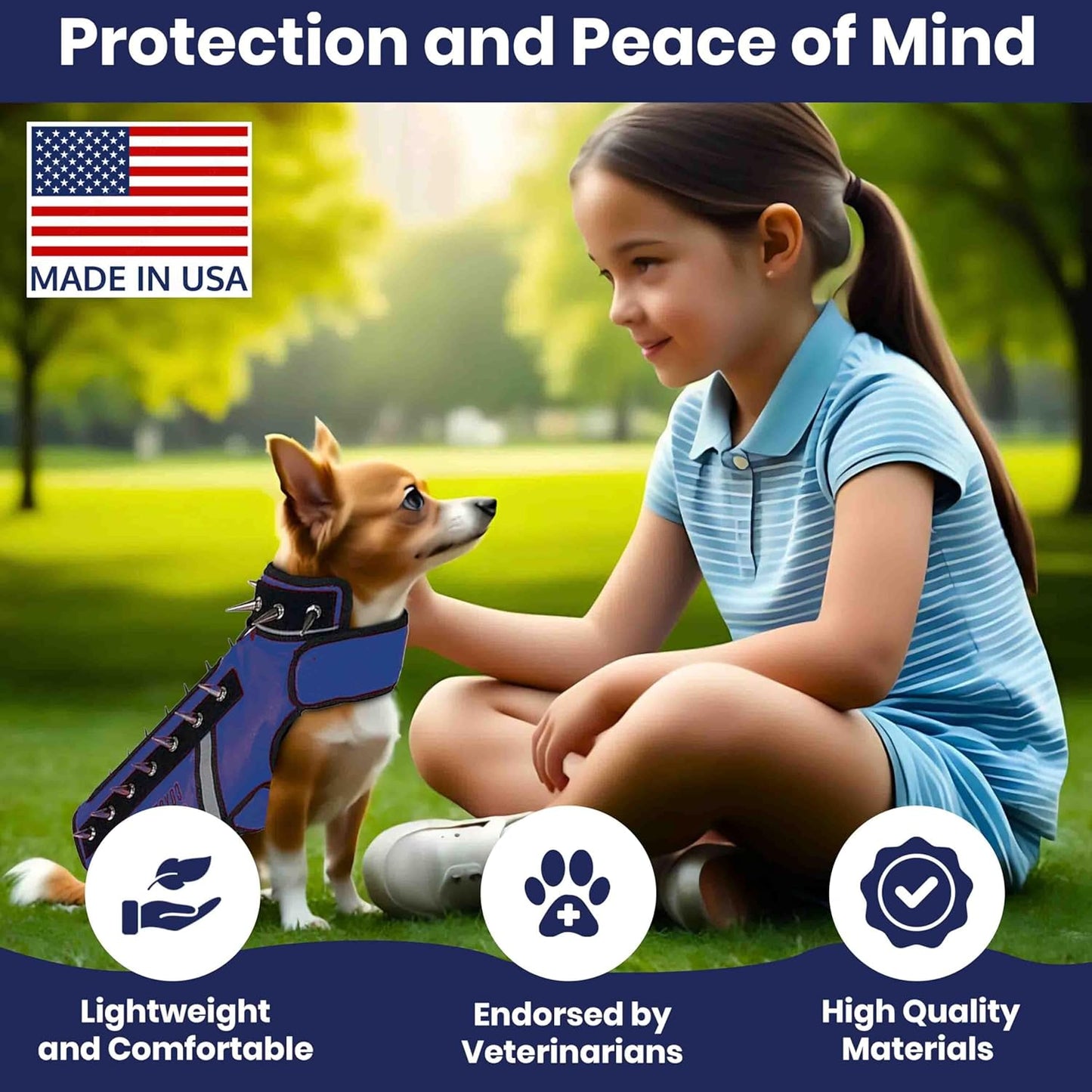 CoyoteVest SpikeVest Dog Harness Vest for Small Dogs, Reflective Dog Vest with Spikes to Shield Your pet from Coyotes, Raptor and Animal Attacks, Anti Hawk Vest, Made in USA (M-Royal Blue)