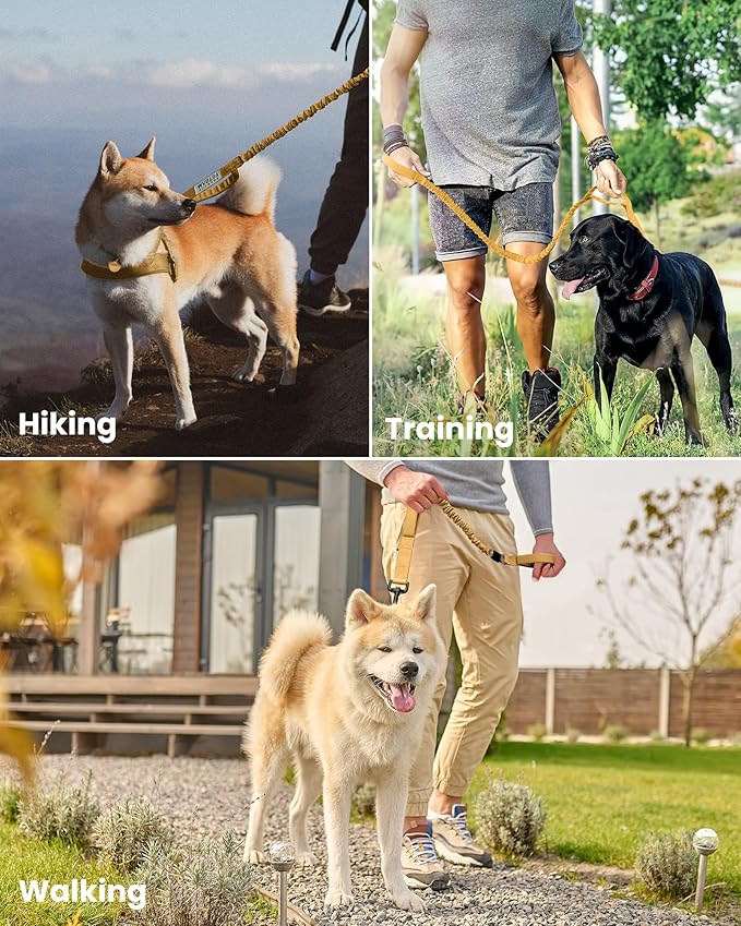 OutdoorMaster Bungee Dog Leash, Heavy Duty Dog Leash with Shock Absorption, 2 Padded Handles Training Leash, Improved Dog Safety and Comfort - Brown Upgraded, 6 FT