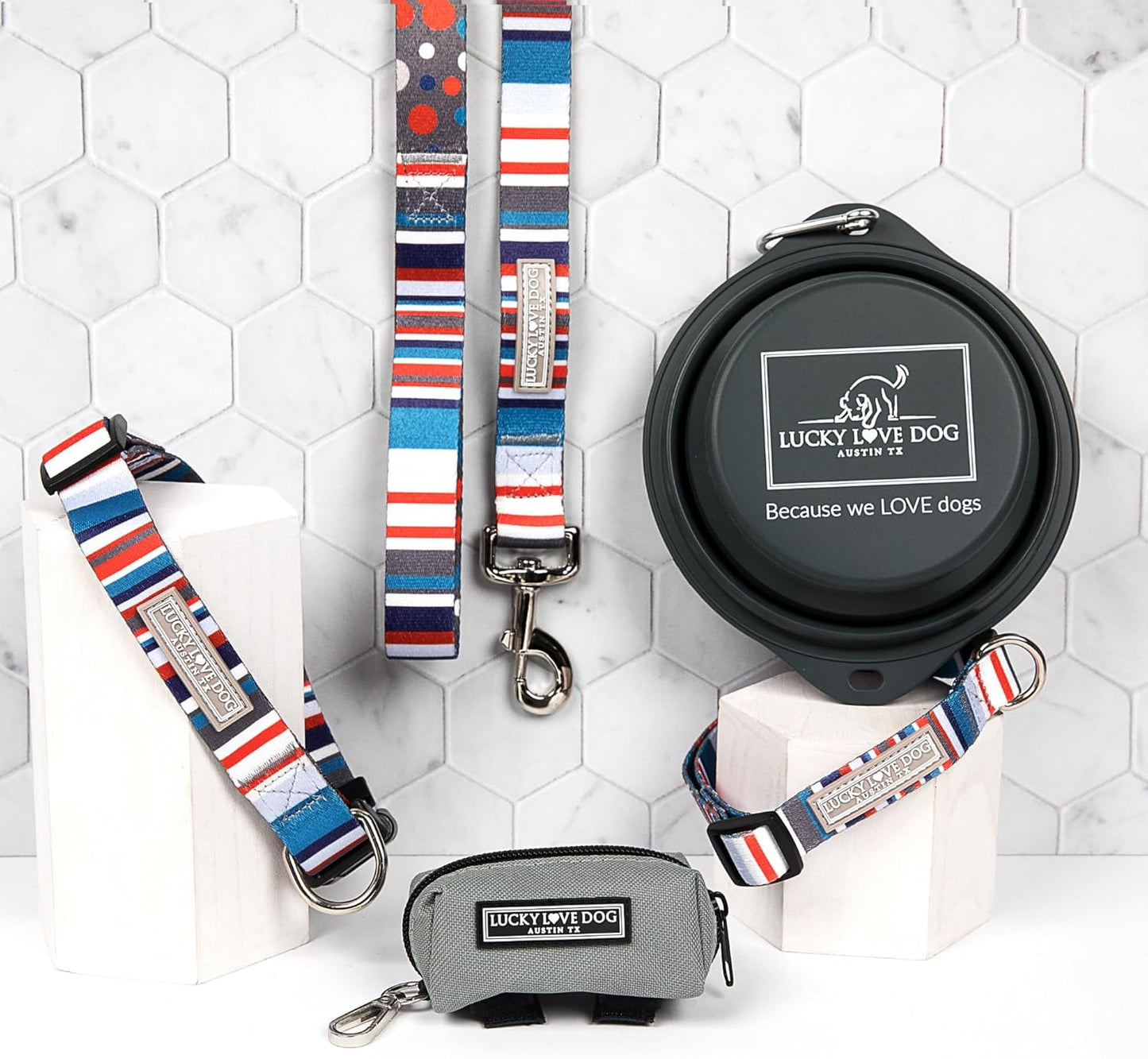Lucky Love Dog - Adjustable Dog Collar and Leash Set with Easy Click Buckle for Small to Large Dogs, Durable, & Comfortable Collar for Male & Female Dogs, Puppies & Adult Ones - Linus Combo, Medium