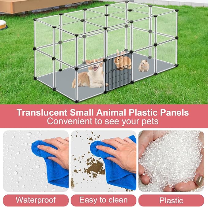 32 Panels Small Animal Playpen, 48" x 32" x 24" Transparent Playpen with Waterproof Mat,Plastic Enclosure,Puppy Play Pen for Chicken,Pet Fence for Guinea Pigs,Bunny,Ferrets,Hamsters,Hedgehogs Indoor