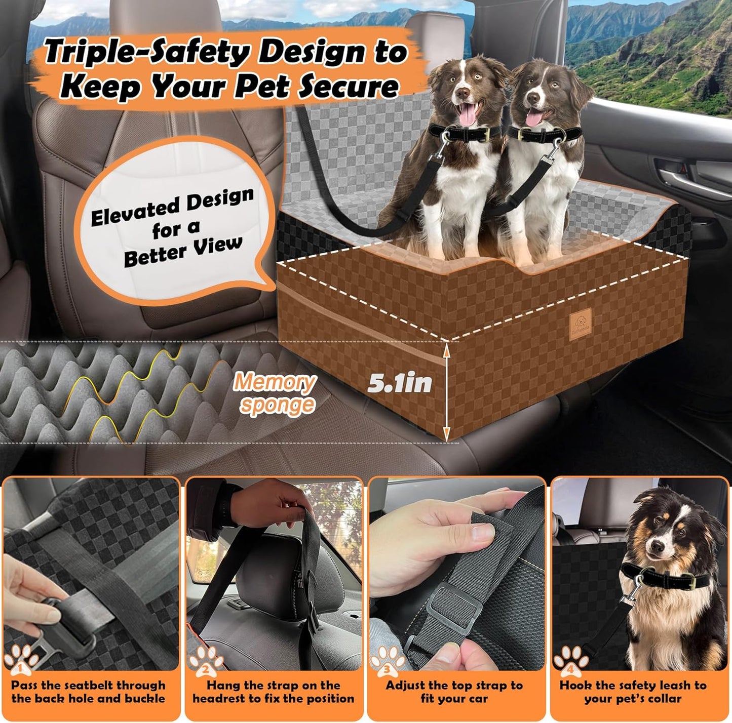 Large Dog Car Seat for Back Seat – Removable Dog Booster Seat & Washable Pet Car Seat for Medium & 2 Small Dogs up to 60lbs – Safety Straps & Storage Pocket – Travel & Home Use (Gray/Black)