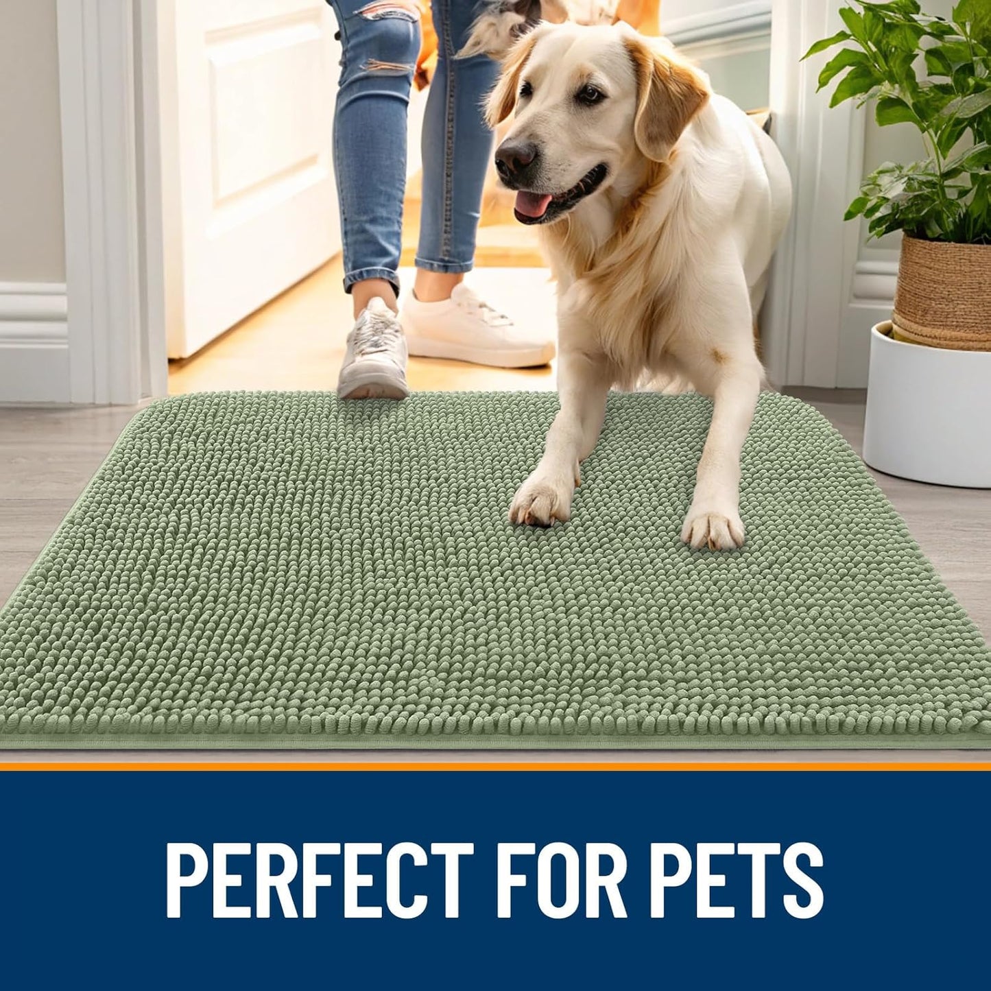 OLANLY Dog Door Mat for Muddy Paws 48x30, Absorbs Moisture and Dirt, Absorbent Non-Slip Washable Doormat, Quick Dry Chenille Mud Mat for Dogs, Entry Indoor Entryway Carpet for Inside Floor, Sage Green