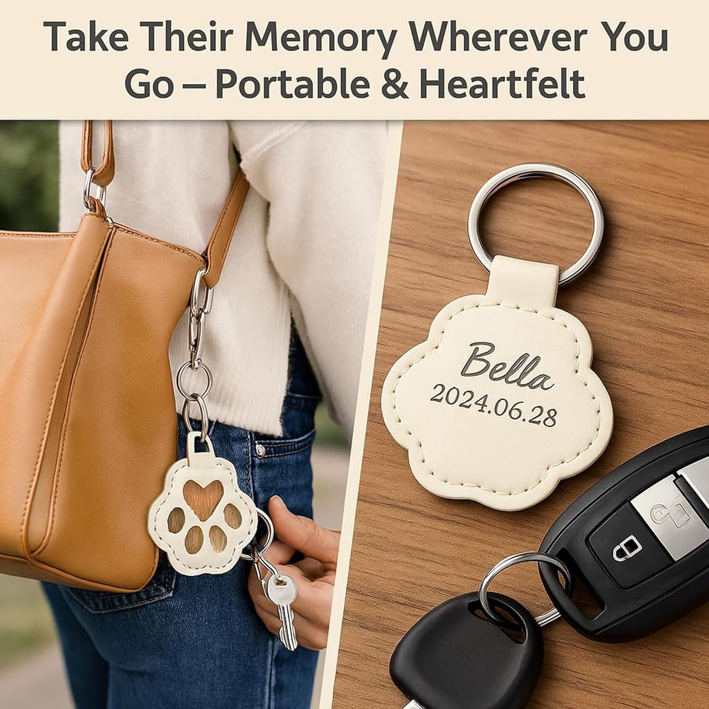 Custom Pet Dog Hair Keychain - Dog/Cat Fur Storage Keepsake, Paw Print Leather Keychain for Memorial Gifts for Pet Lovers, Portable Pet Fur Collector Charm for Keys, Bag, or Purse