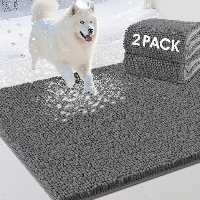 2 Pieces Muddy Door Mats for Dogs, Chenille Absorbent Pet Mats, Quick Dry, Trap Dirt Non Slip Heavy Indoor Doormat Soft Dog Bed Mat Front Inside Door Mat for Indoor Outdoor Entrance,Grey