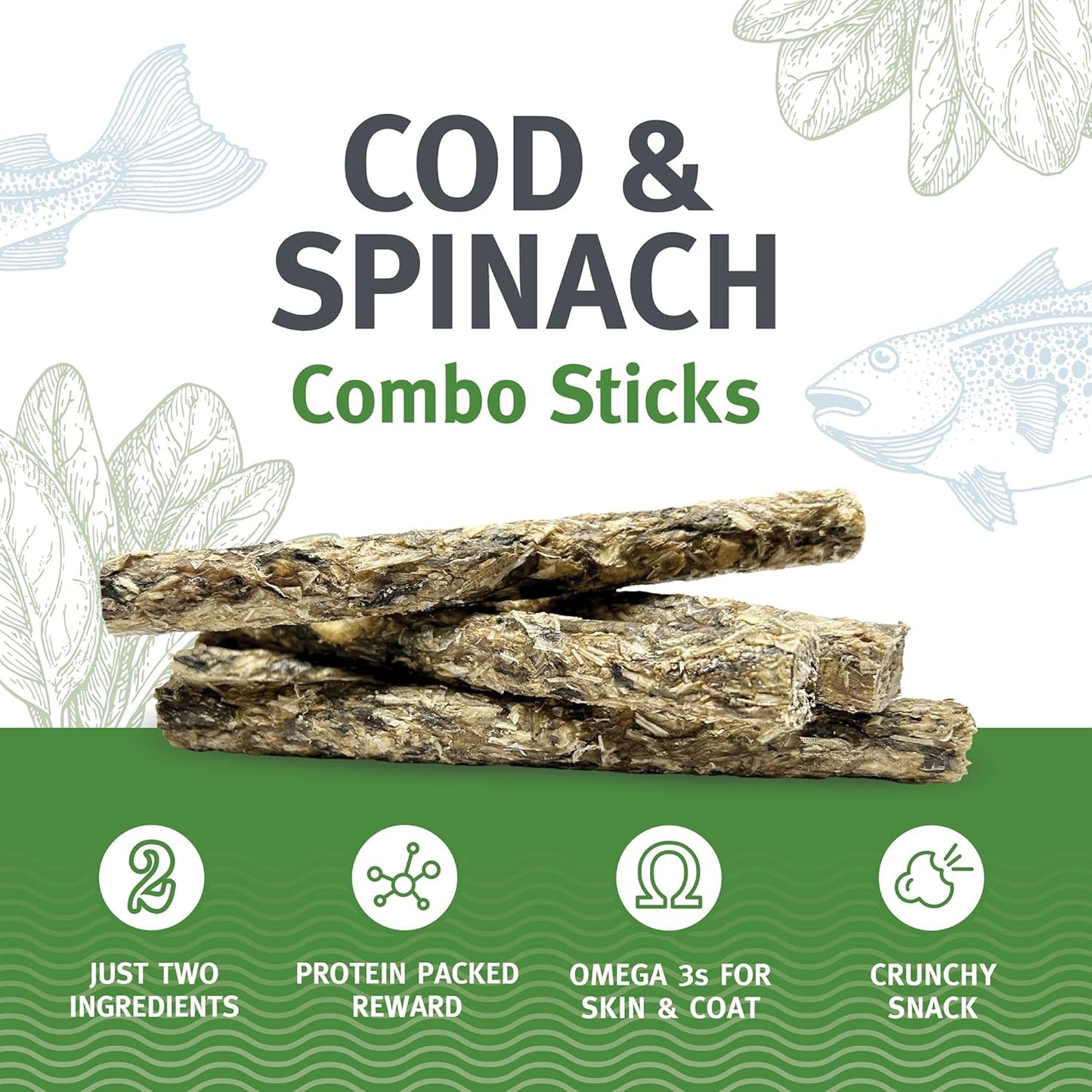 Icelandic+ Combo Sticks: Cod & Spinach - 6pk Wild-Caught Fish Dog Treats, 2oz Bag, 2 Simple Ingredient Pet Snacks, Skin-Coat Health, Natural Pet Chews
