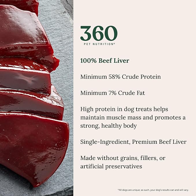 360 Pet Nutrition Freeze-Dried Raw Beef Liver Dog Treats – Single Ingredient, High Protein, Grain-Free, All-Natural Training Snacks, Made in USA, 4 oz
