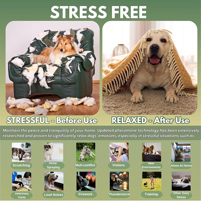 Dog Calming Diffuser Kit, Pet Pheromone Plug-in Set (2 Diffusers + 6 Refill 48ml) for Anxiety Relief, Reduces Barking, Aggression, Destructive Behavior, Fireworks Fear, 180 Days (Safe Formula)