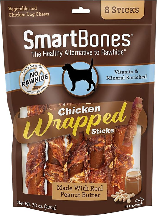 SmartBones Chicken-Wrapped Sticks, Treat Your Dog to a Rawhide-Free Chew Made With Real Chicken and Peanut Butter 8 Count (Pack of 1)
