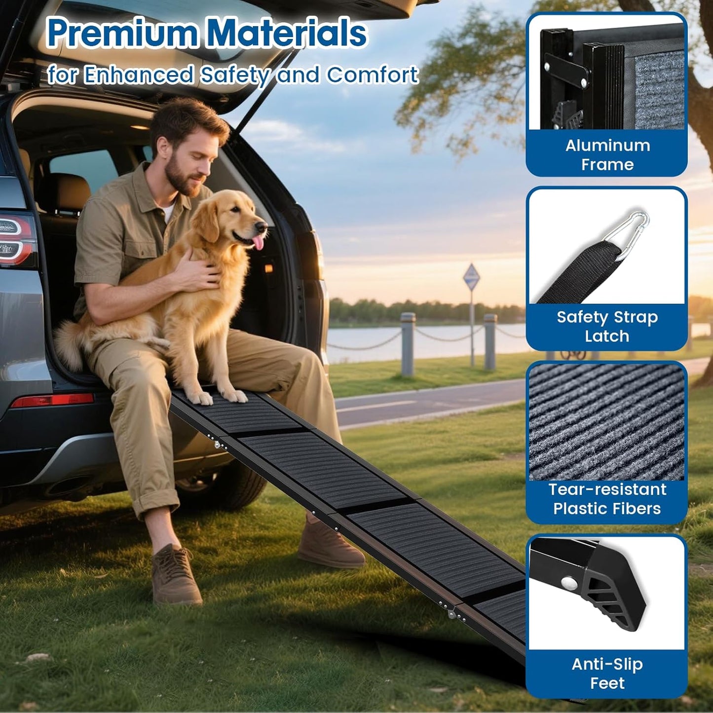 HBTower 63" Long & 17.3" Wide Folding Dog Ramp for Car, SUV & Truck – Portable Pet Ramp with Non-Slip Surface, Extra Wide Steps for Large Dogs Up to 250LBS