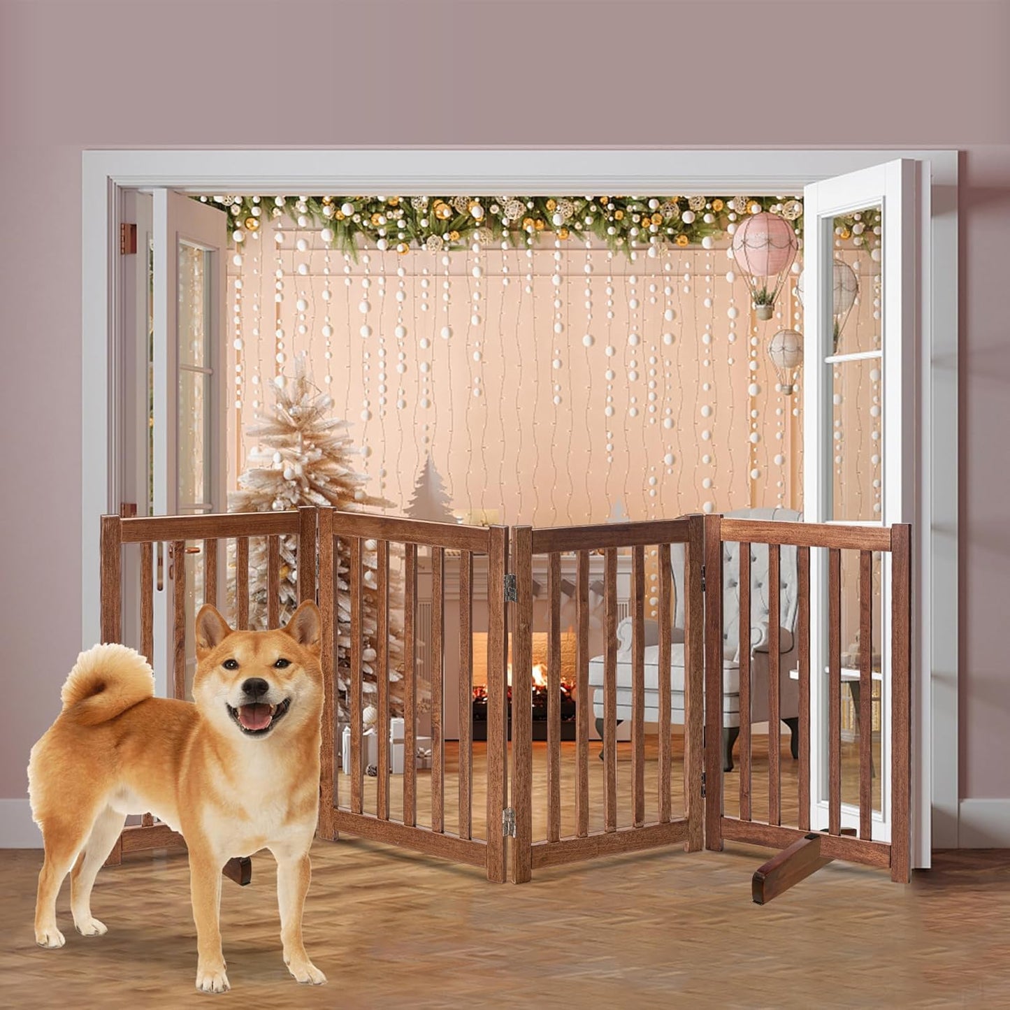 LZRS Solid Hardwood Freestanding Pet Gate,Wooden Dog Gates Indoor for Doorways,Nature Wood Dog Gates for The House,Stairs,Safety Fence,Oak,30" Height-4 Panels