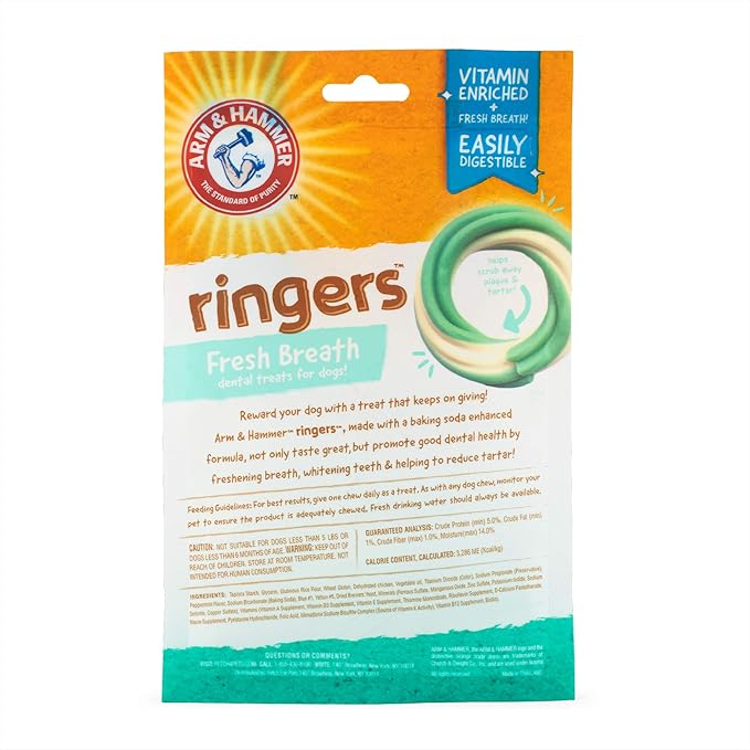 Arm & Hammer for Pets Ringers Dental Treats for Dogs Dental Chews Fight Bad Dog Breath, Plaque & Tartar Without Brushing Fresh Mint Flavor, 4 Pack Dog Chews (Pack of 4, 20 Count Total)