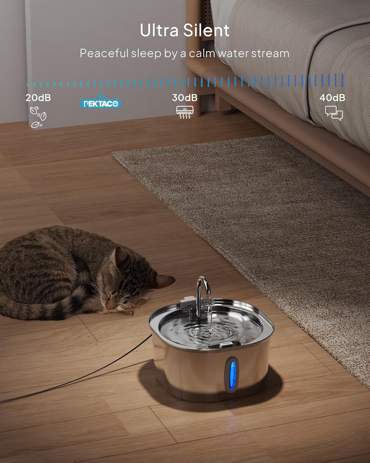 Stainless Steel Cat Water Fountain, 3.2L/108oz Cat Water Dispenser with Quiet Water Pump and Water-Level Window, Dishwasher Safe Pet Drinking Fountain for Cats with 6 Filters + 6 Sponges