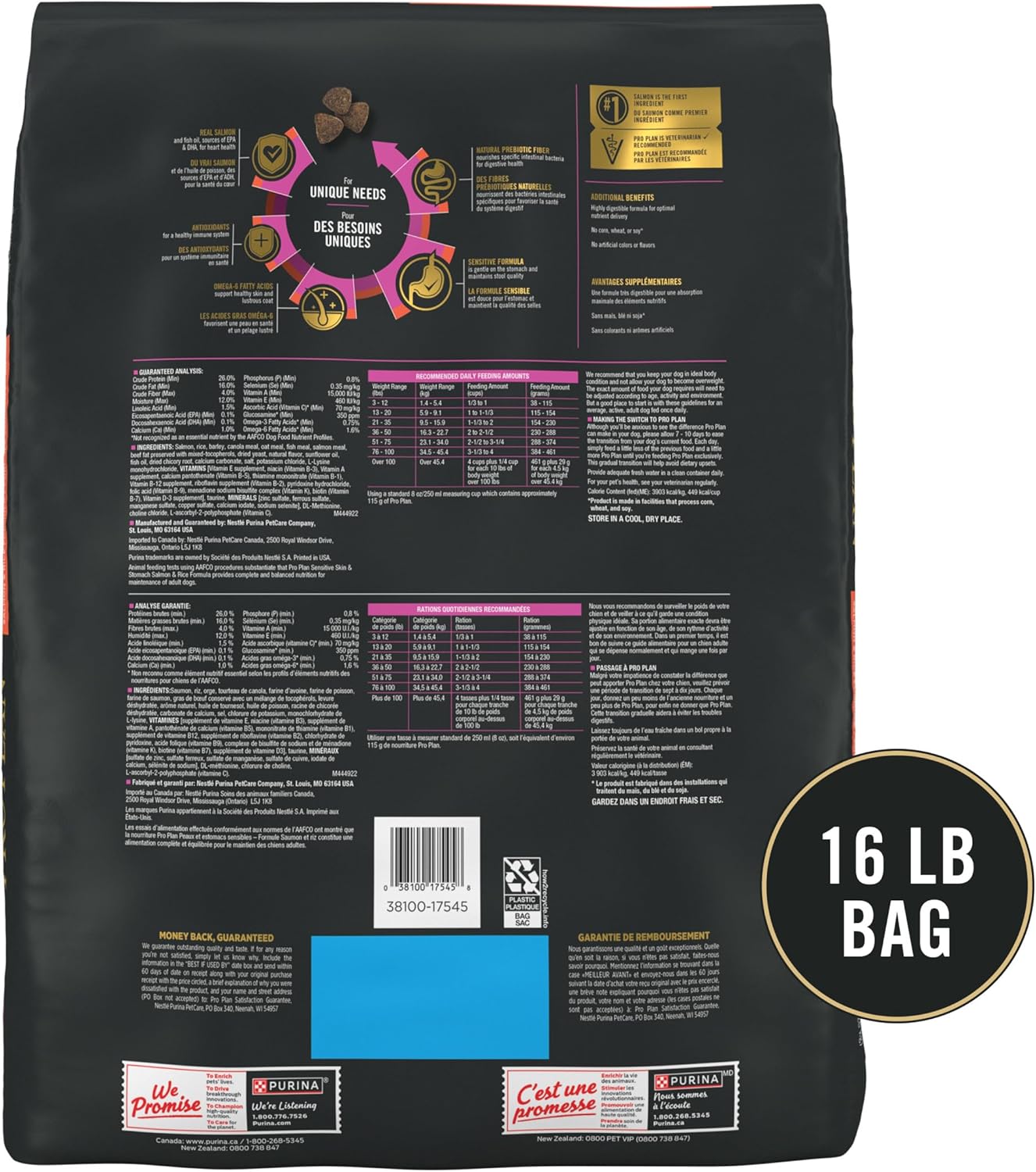 Purina Pro Plan Sensitive Skin and Stomach Dog Food Dry, Adult Salmon & Rice Formula, Digestive Health - 16 lb. Bag