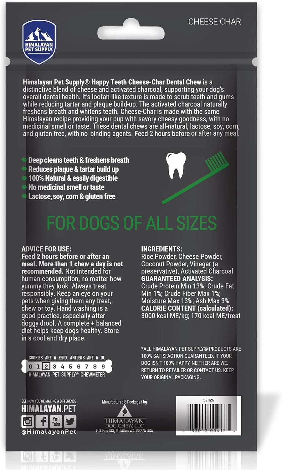 Himalayan Dog Chew Happy Teeth Yak Cheese, Soft Dog Chew, 100% Natural Soft Density Dental Treats, Gluten Free, Safe Treats for Oral Health, Lactose & Grain Free, Protein Rich, Cheese-Charcoal 2 Count