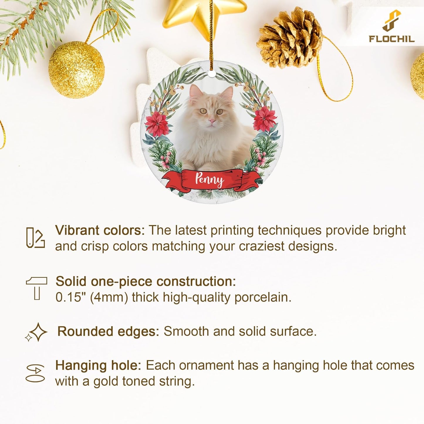 FLOCHIL Personalized Cat Christmas Ornaments Custom Photo Name for Christmas Trees, Cat First Christmas Ornaments, Gifts for Pet Lovers
