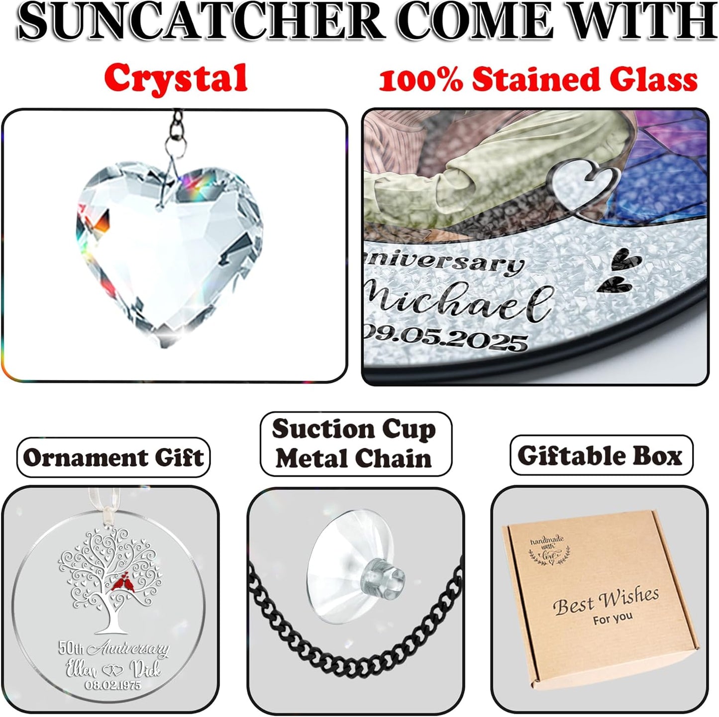 Personalized Photo 25th, 50th, 60th Wedding Anniversary Window Faux Stained Glass Suncatcher Crystal Custom Hanging Ornament 1st, 5th, 10th, 30th for Grandparent, Husband from Wife